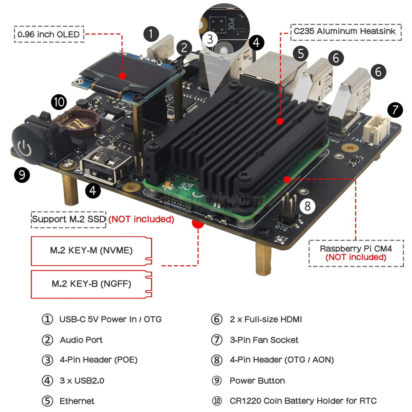 Geekworm NASPi CM4-M2 SATA&NVMe SSD NAS Kit for Raspberry Pi Compute Module 4