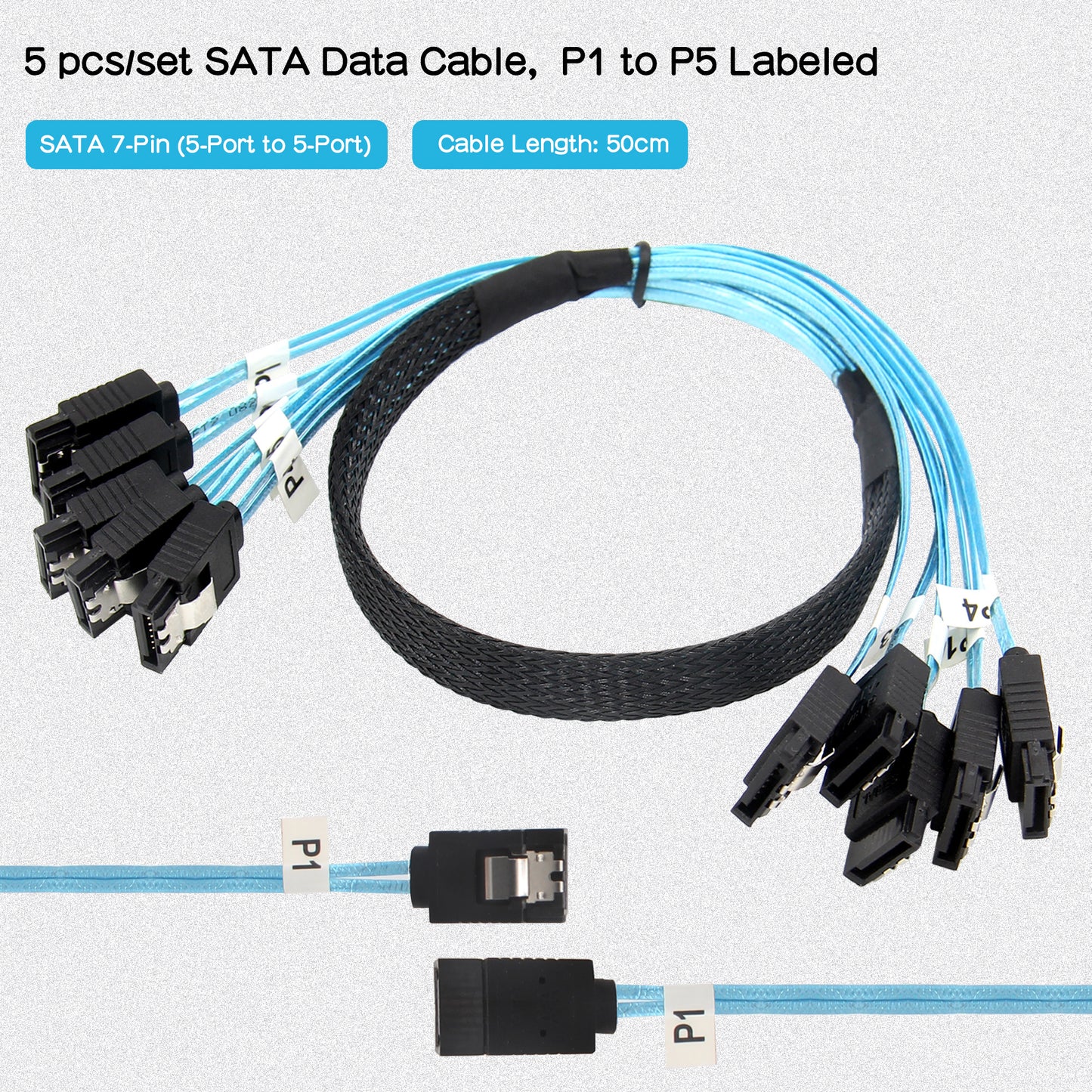 5-Pack 7Pin SATA-III 6Gbps Data Cable for Hard Drive/X1009 (50cm)
