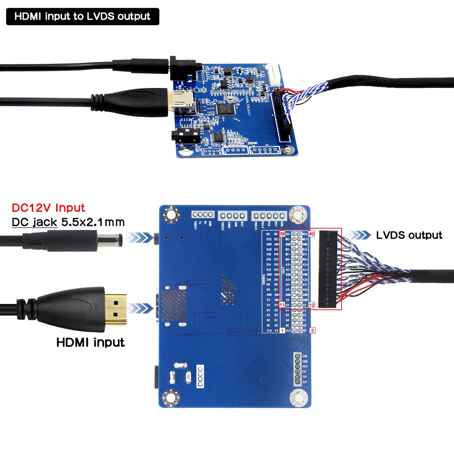 Geekworm HDMI to LVDS Adapter Board with Cable|HDMI Input to TTL RGB or LVDS Output