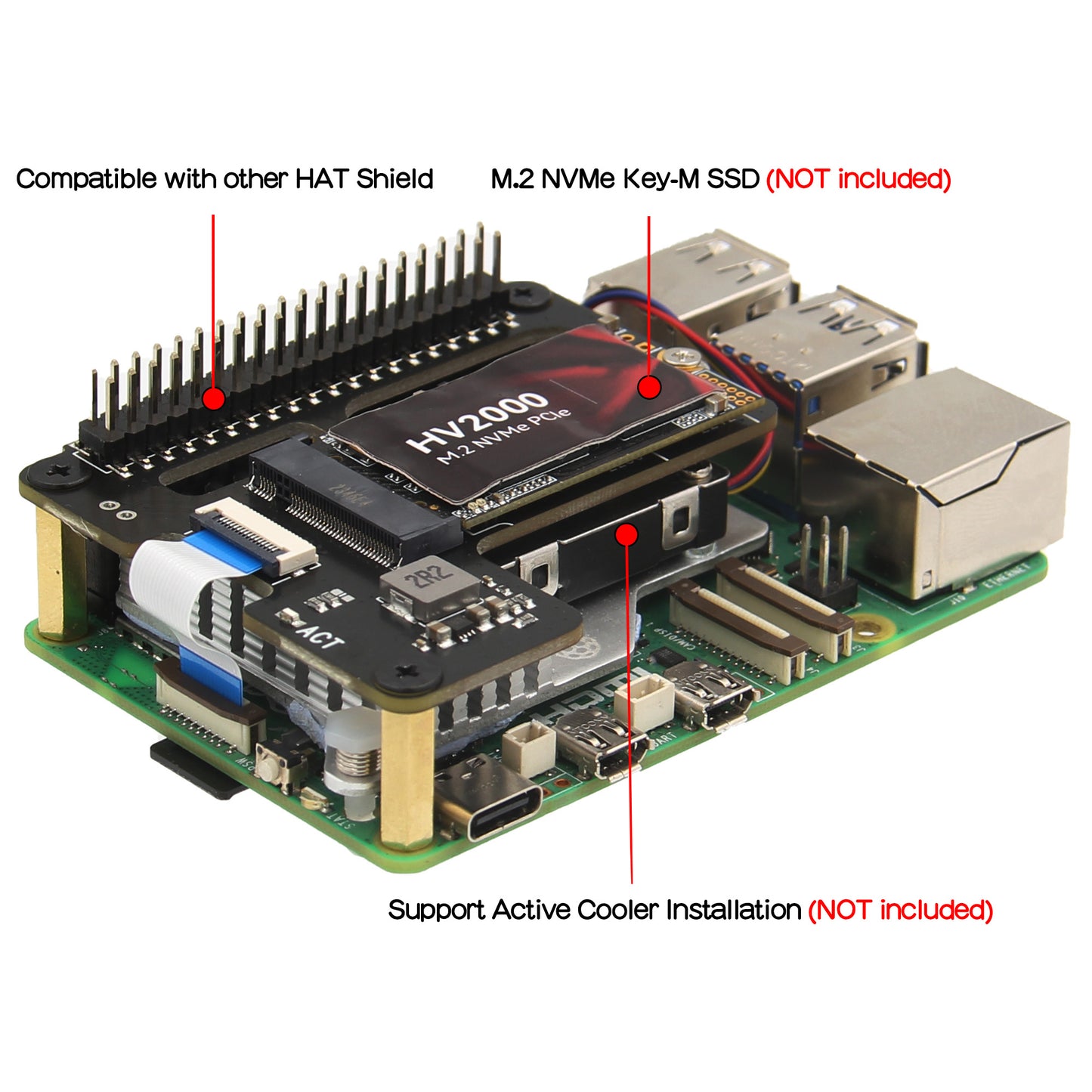 Geekworm X1000 PCIe to M.2 Key-M NVMe SSD PIP TOP for Raspberry Pi 5