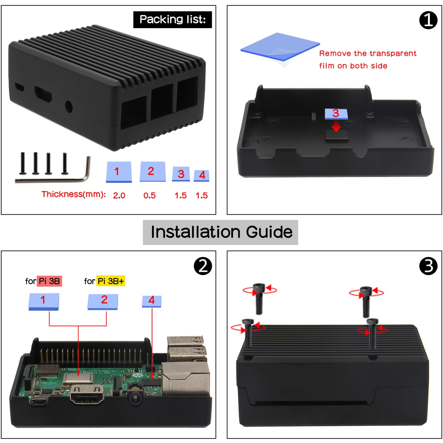 Geekworm Raspberry Pi 3B+/3B Aluminum Alloy Heavy Duty Passive Cooling Case-Black (P252)