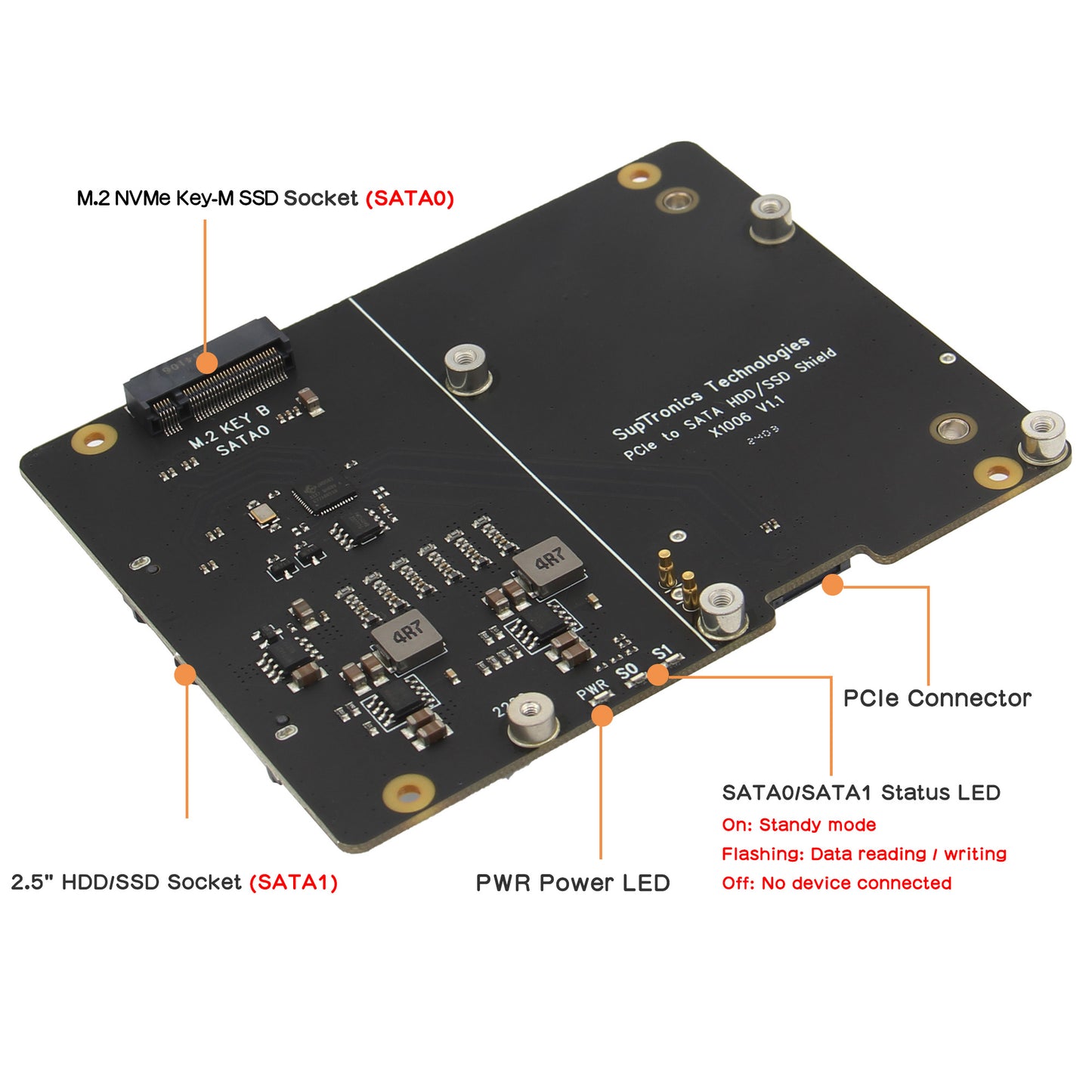 Geekworm X1006 PCIe to 2.5" SATA HDD+M.2 SATA 2280 SSD Shield for Raspberry Pi 5 (NOT Support Boot from SSD)