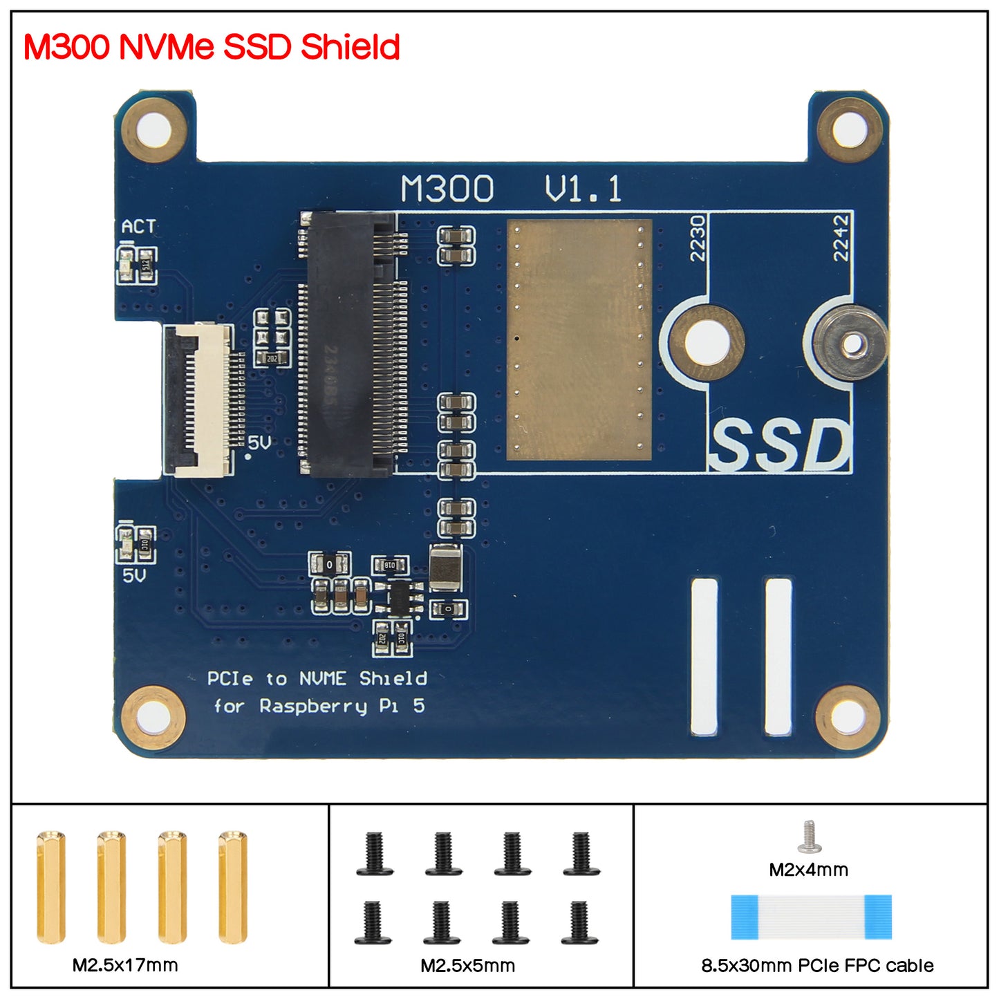 Geekworm M300 PCIe to M.2 Key-M NVMe SSD Shield TOP for Raspberry Pi 5