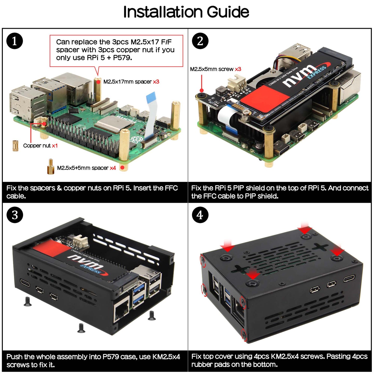 Geekworm P579 Raspberry Pi 5 PCIe Metal case Compatible with X1001/X1000/X1003/X1004/X1015/M300/M400/Q200