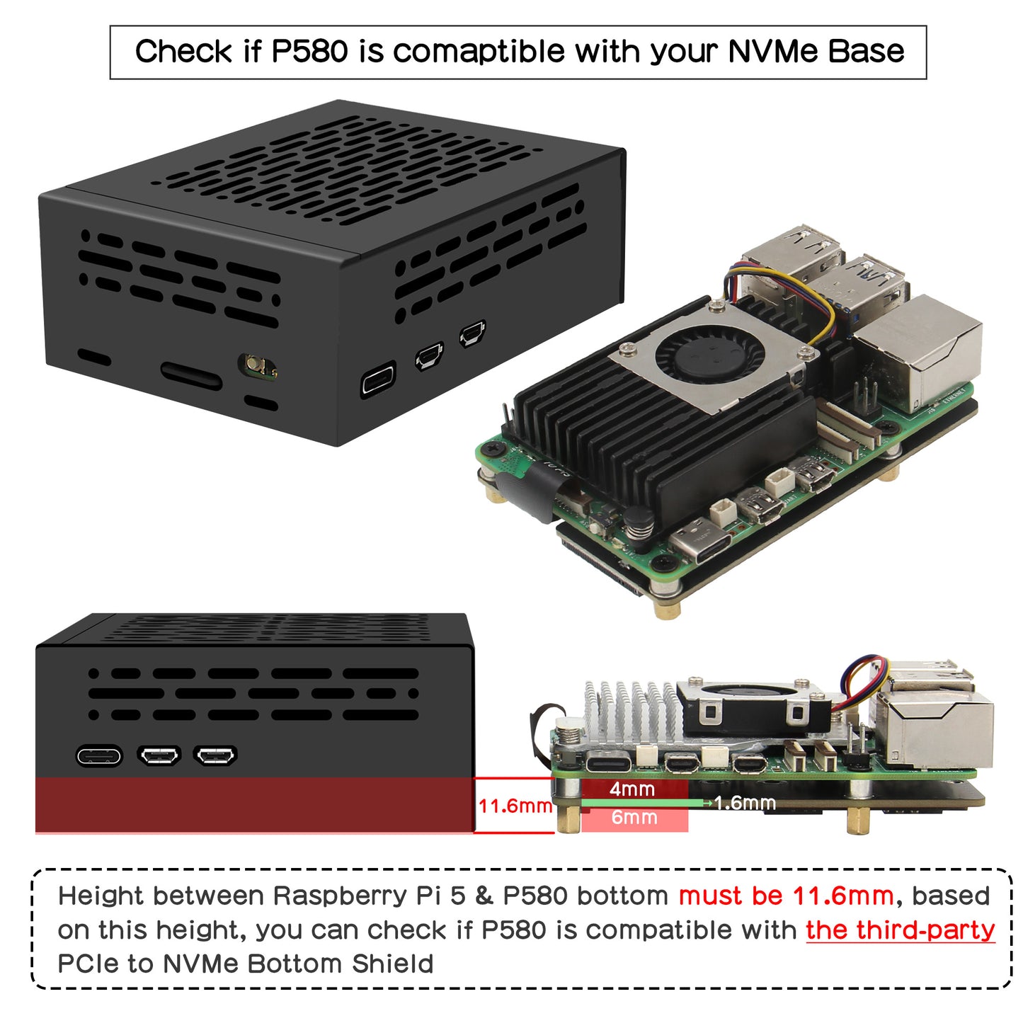 Geekworm P580 Raspberry Pi 5 PCIe Metal case Compatible with X1002/X1005