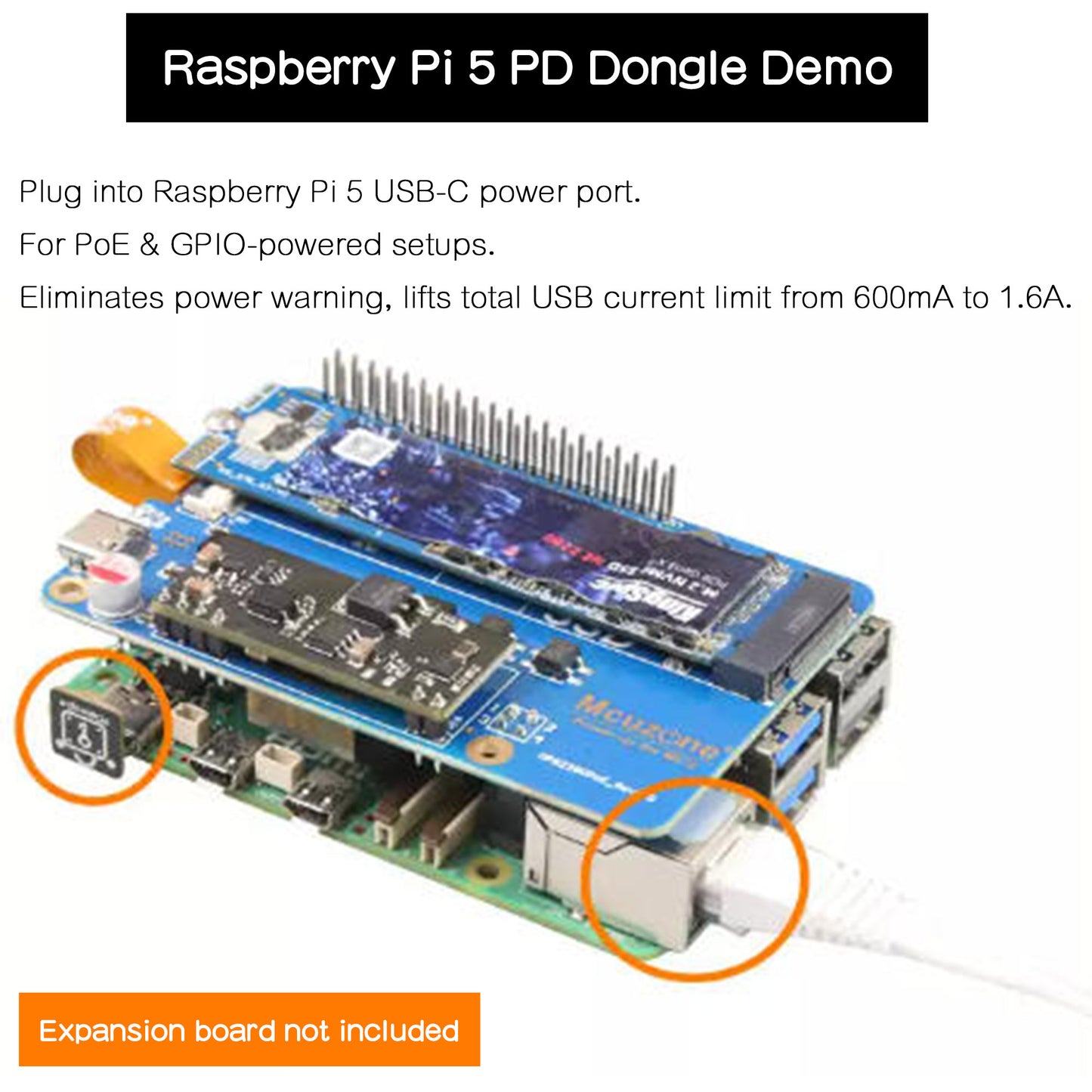USB-C PD Dongle Adapter for Raspberry Pi 5 | Designed to Remove Power Warning & USB Current Limit