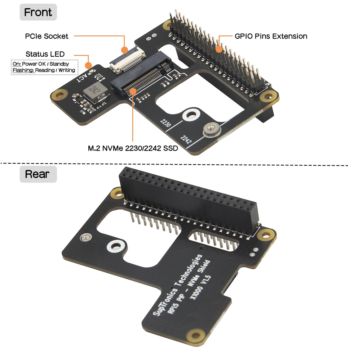 Geekworm X1000 PCIe to M.2 Key-M NVMe SSD PIP TOP for Raspberry Pi 5