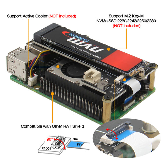 Geekworm X1001 PCIe to M.2 Key-M NVMe SSD PIP TOP for Raspberry Pi 5