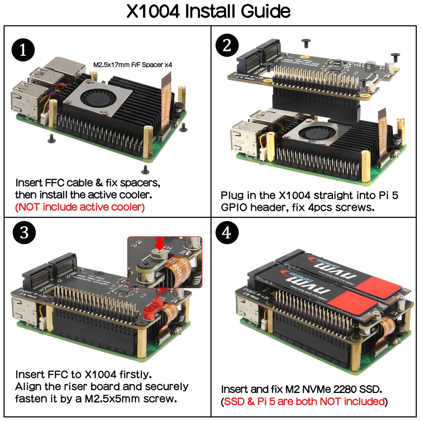 Geekworm X1004 PCIe to Dual 2280 NVMe SSD shield for Raspberry Pi 5