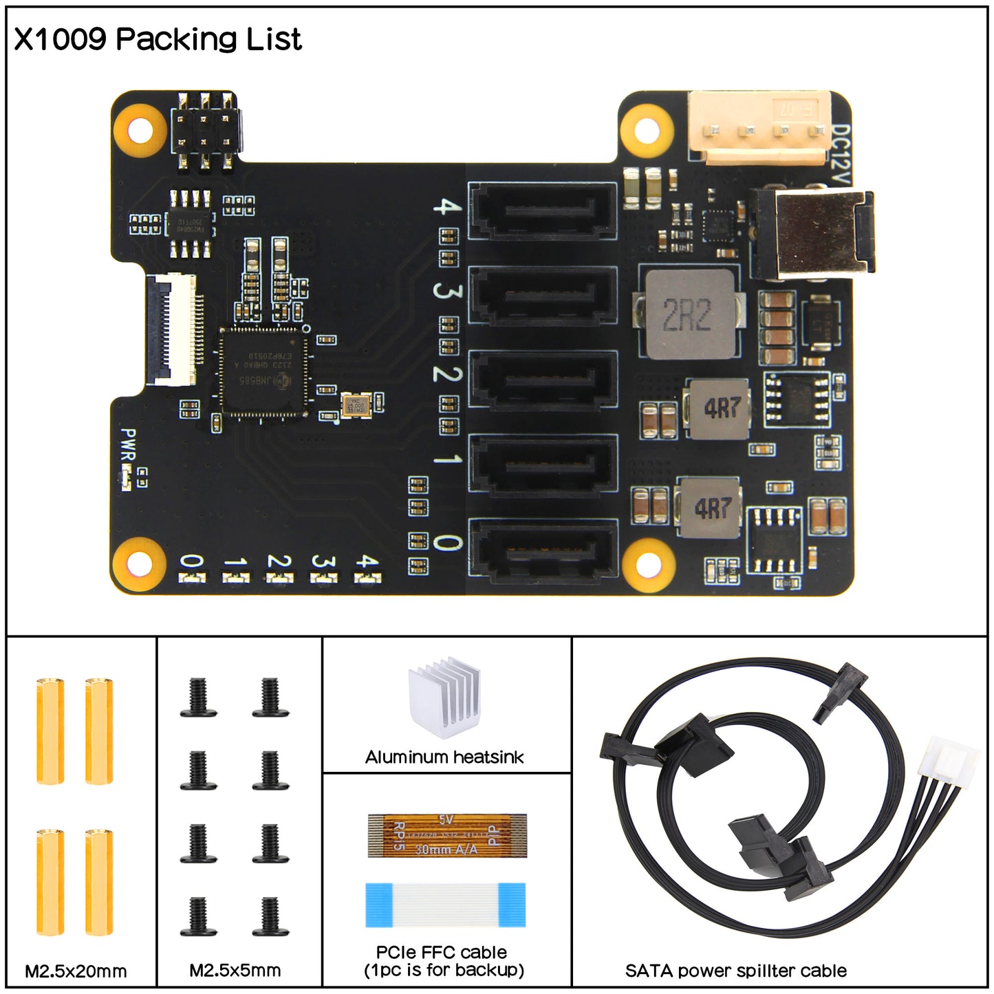 Geekworm X1009 PCIe to 5-Port SATA Shield for Raspberry Pi 5 (NOT Support Boot from HDD/SSD)