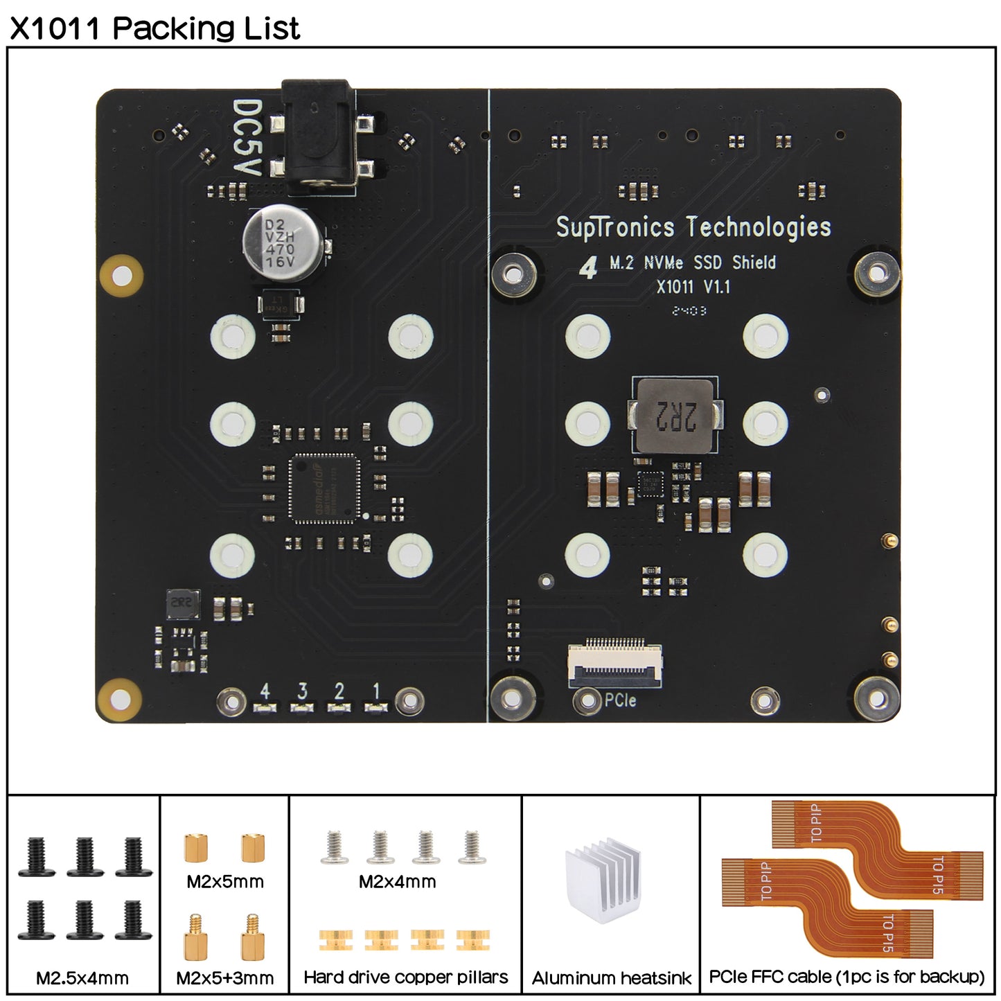 Geekworm X1011 5V PCIe to Four M.2 NVMe SSD Board for Raspberry Pi 5