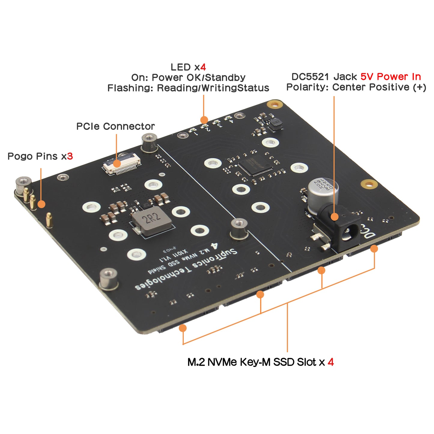 Geekworm X1011 5V PCIe to Four M.2 NVMe SSD Board for Raspberry Pi 5
