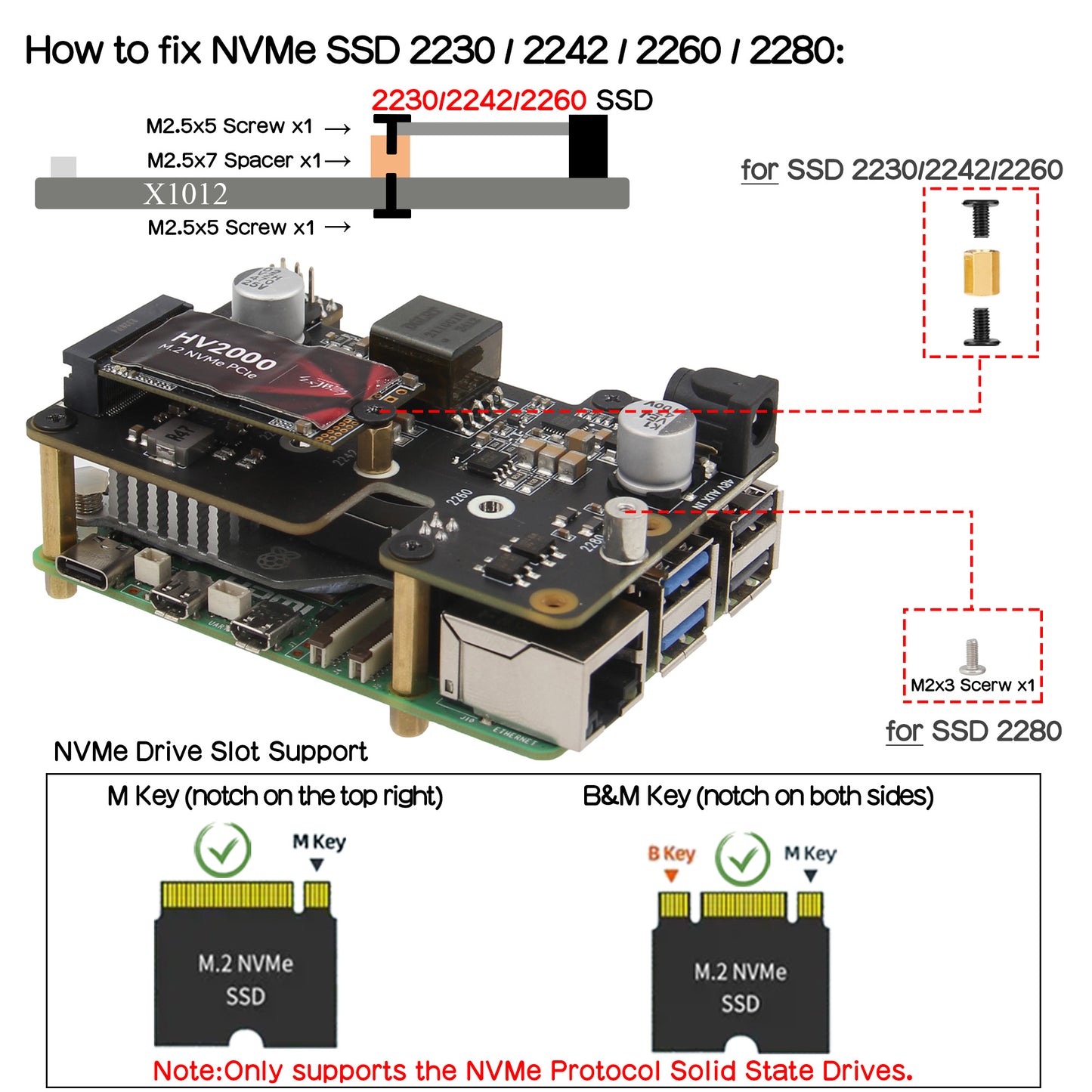 Geekworm X1012 PCIe to NVMe+POE Shield for Raspberry Pi 5