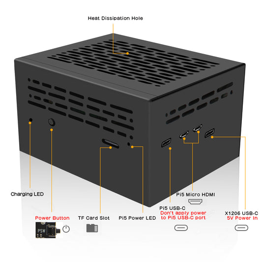 Geekworm X1206-C1 Metal Case for Raspberry Pi 5 X1206 UPS Shield