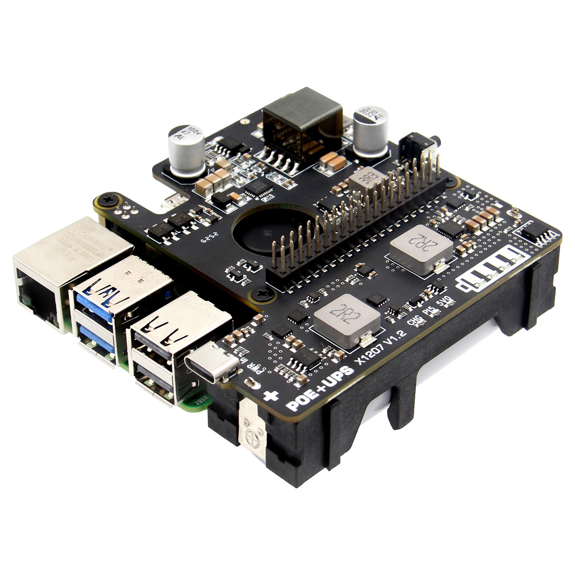 Geekworm X1207 2-in-1 PoE+ & UPS HAT for Raspberry Pi 5, Max 5.1V 5A O