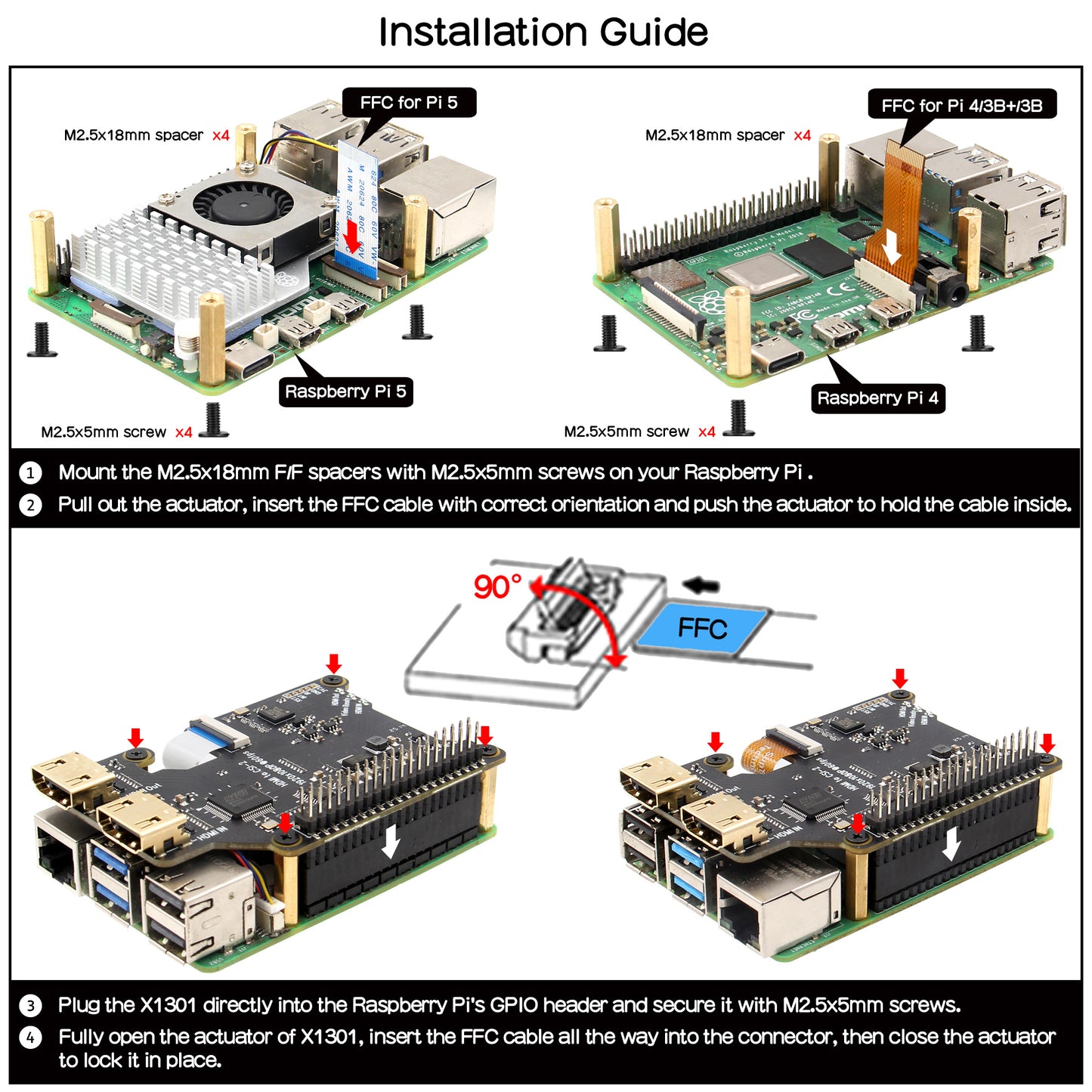 Geekworm X1301 HDMI to CSI-2 Shield for Raspberry Pi 5/4B/3B+/3B Support 1080P@60fps