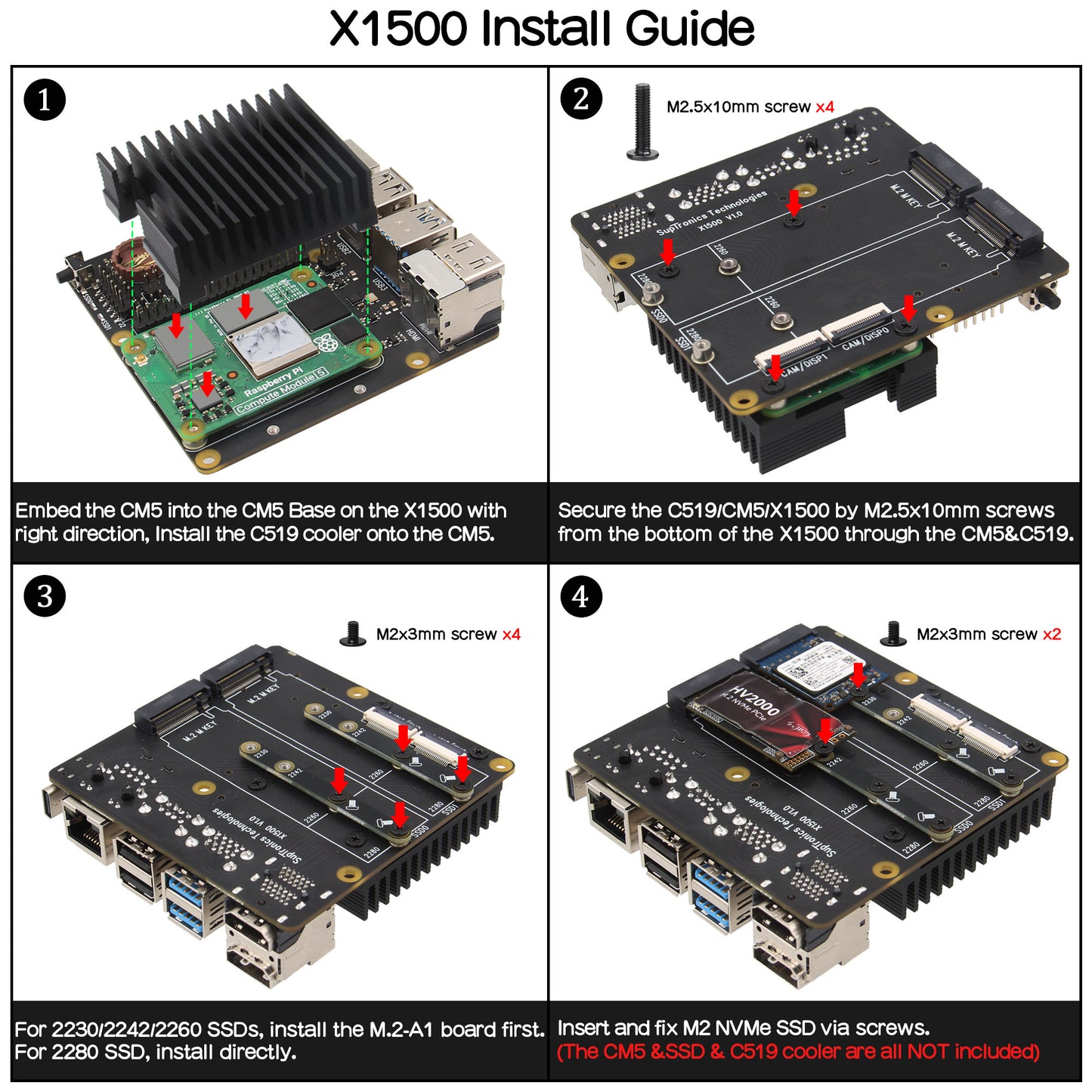 Geekworm X1500 CM5 IO Carrier Board for Raspberry Pi Compute Module 5 Support 1GbE/Dual M.2 NVMe SSD