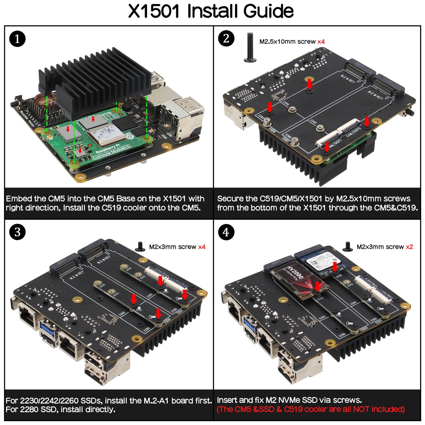 Geekworm X1501 CM5 IO Carrier Board for Raspberry Pi Compute Module 5 Support 1GbE+2.5GbE/Dual M.2 Slot NVMe SSD