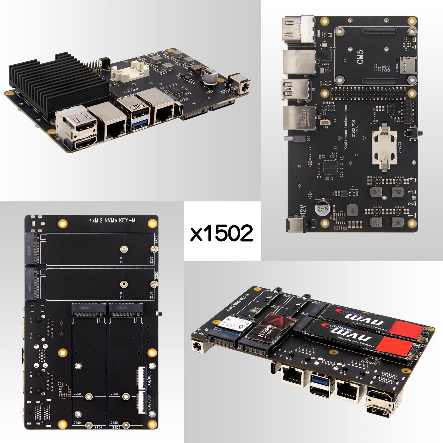 Geekworm X1502 CM5 IO Carrier Board for Raspberry Pi Compute Module 5 Support 1GbE+2.5GbE/Quad M.2 NVMe SSD
