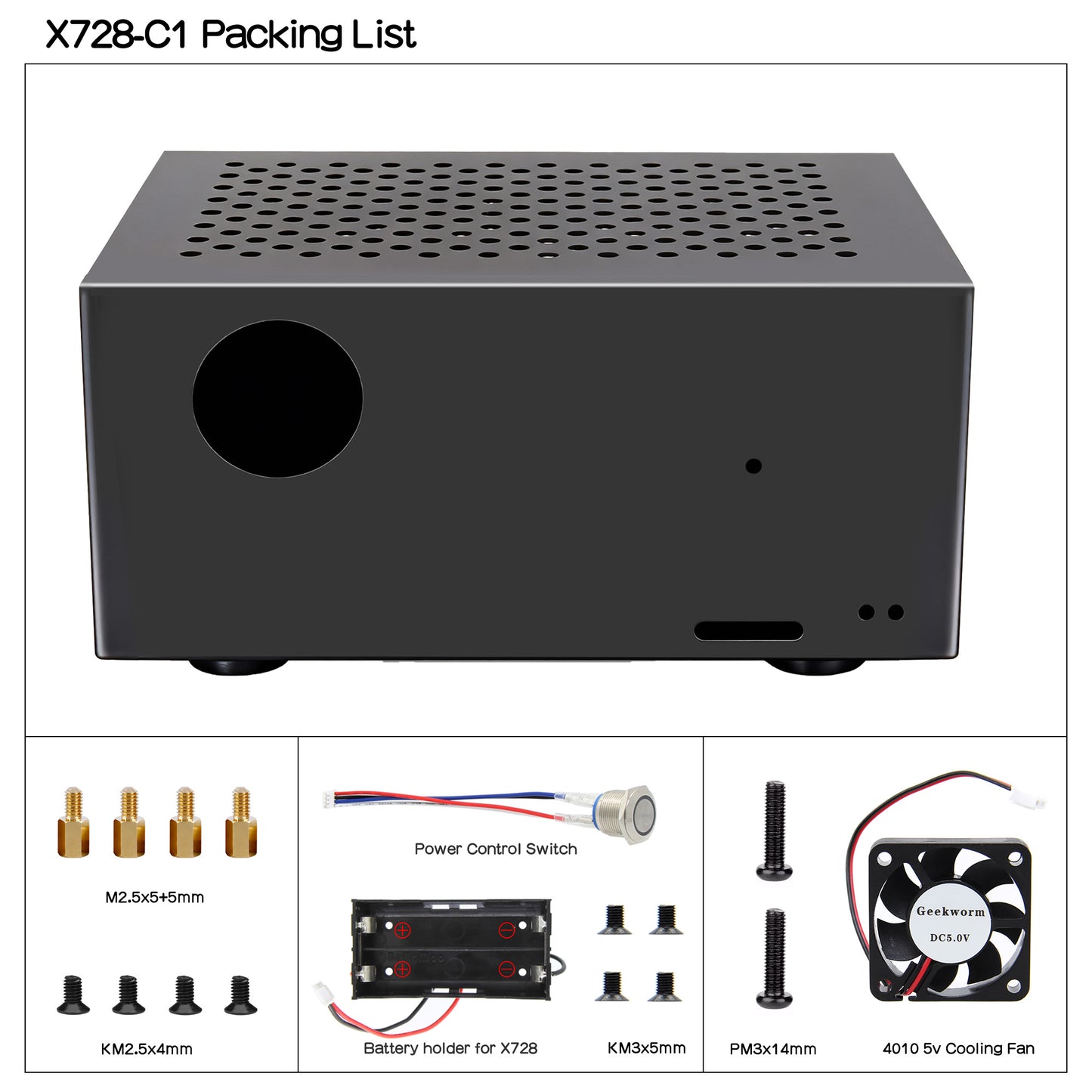 Geekworm X728-C1 Metal Case with Cooling Fan & Power Switch for Raspberry Pi 4 & X728 V2.5/V2.3/V2.2/V2.1/V2.0 / X708 / X735