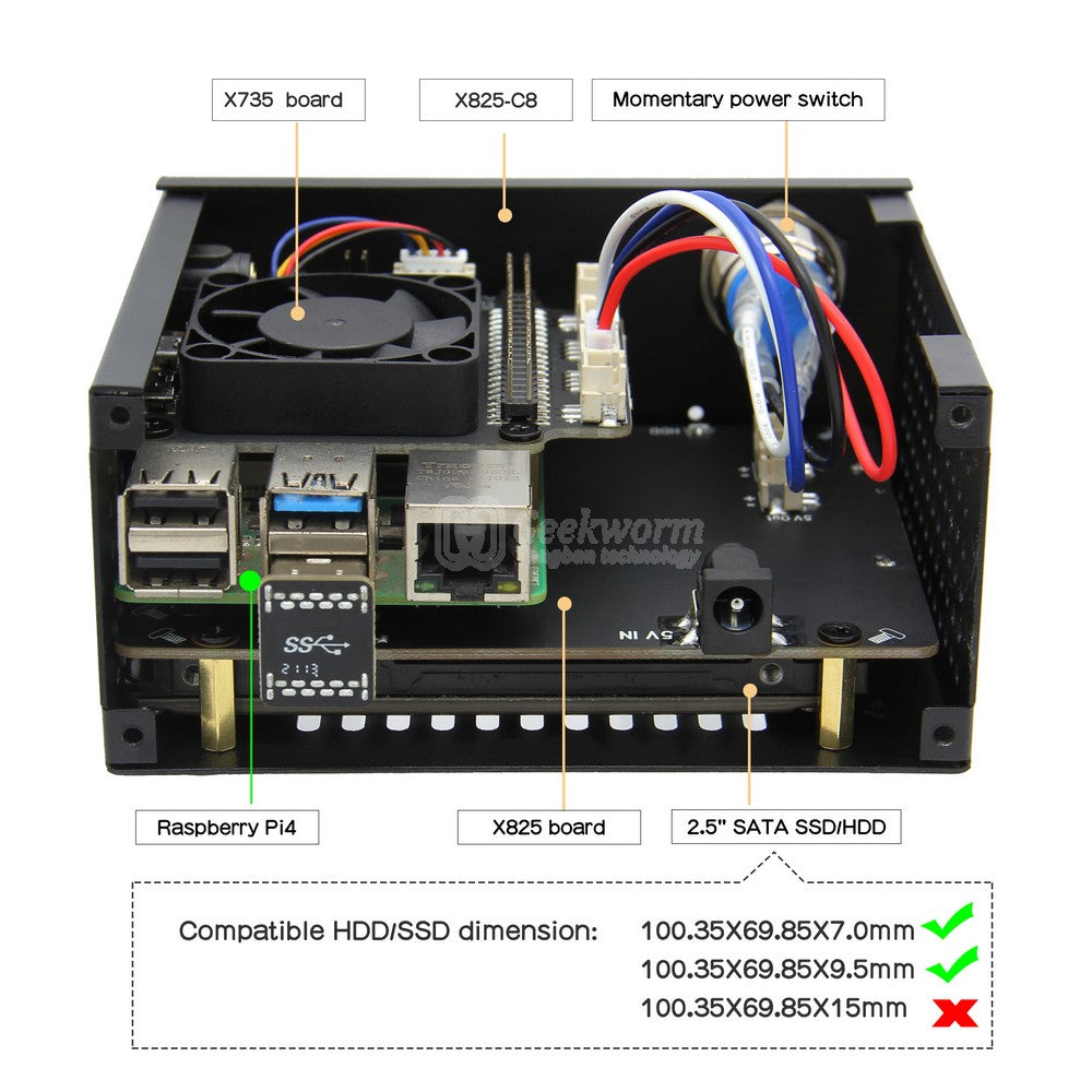 Geekworm X825-C8 Metal Case with Power Switch and Cooling Fan for Raspberry Pi 4 and X825 V2.0