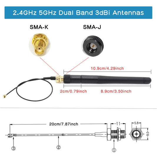 Geekworm 2.4GHz 5GHz Dual Band IPEX 4 to SMA 3dBi Antenna