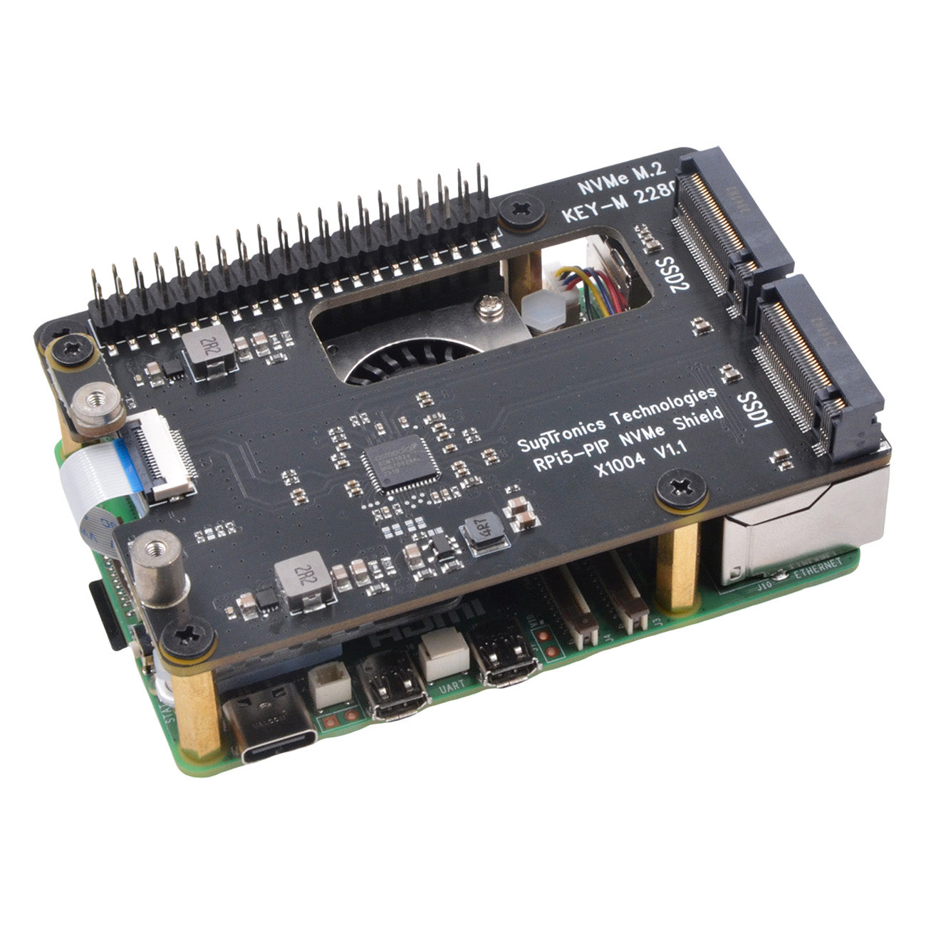 Geekworm X1004 PCIe to Dual 2280 NVMe SSD shield for Raspberry Pi 5