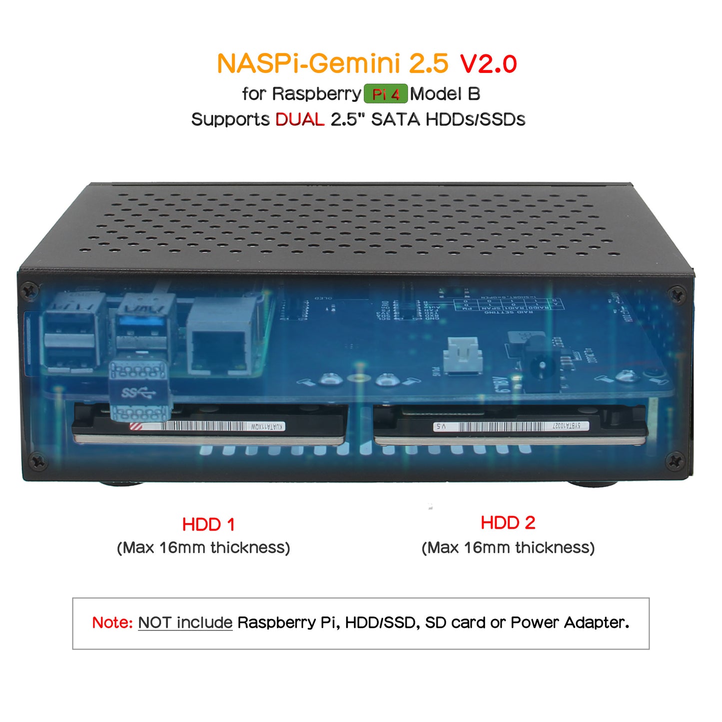 Geekworm NASPi Gemini 2.5 Dual 2.5'' SATA HDD NAS Storage Kit with DC 6-18V Wide Voltage Input|Safe Shutdown|Auto Power On|RAID for Raspberry Pi 4