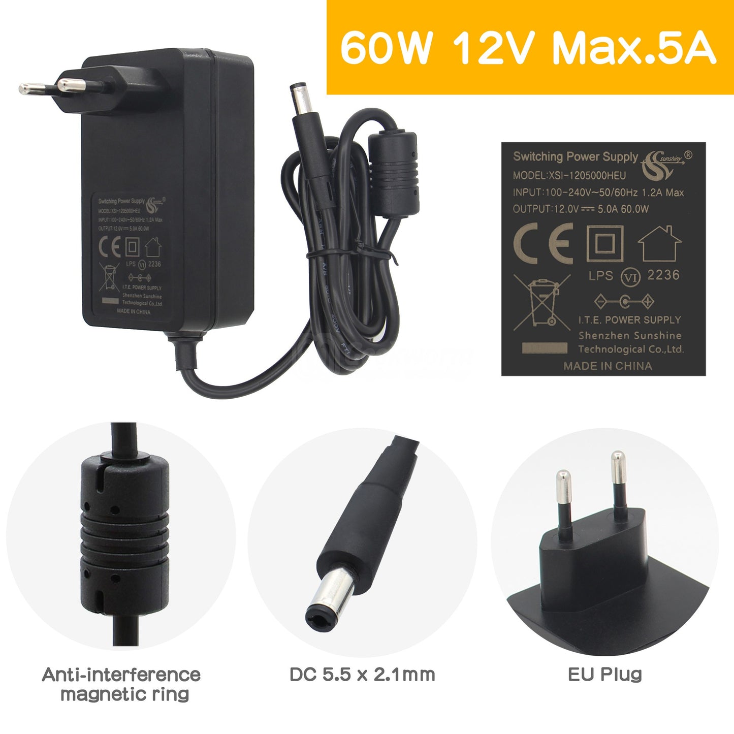 Geekworm DC 5521 60W 12V 5A Power Supply (PSU60)