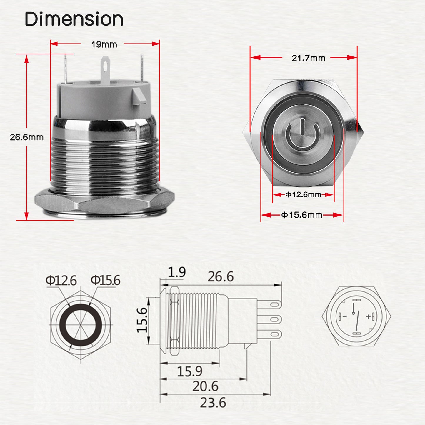 19mm Metal Push Button Switch Latching Self-Locking / Momentary Self-Reset Power Control Switch (PSW19)