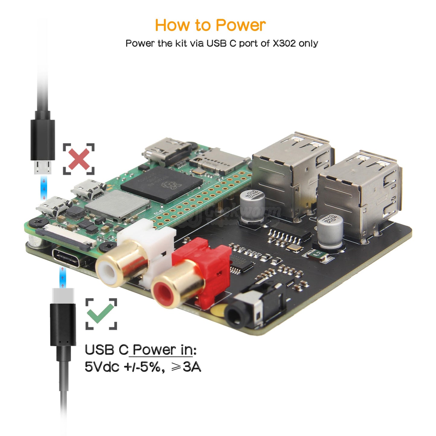 Geekworm X302 HiFi DAC HAT Expansion Board & USB HUB Compatible with Raspberry Pi Zero 2W / Zero W