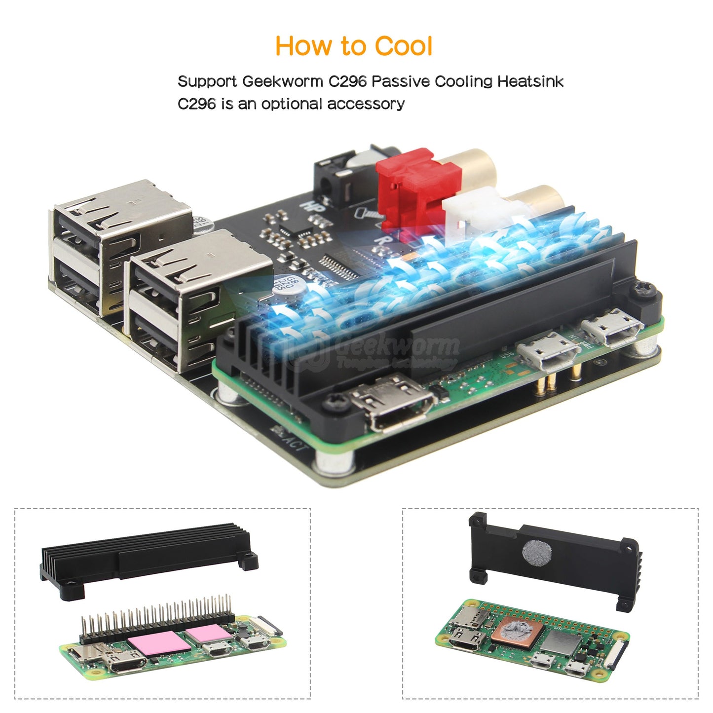 Geekworm X302 HiFi DAC HAT Expansion Board & USB HUB Compatible with Raspberry Pi Zero 2W / Zero W