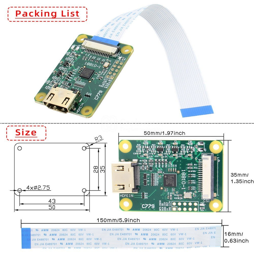 Raspberry Pi HDMI to CSI-2 C779 Adapter Board with 15 pin FFC cable