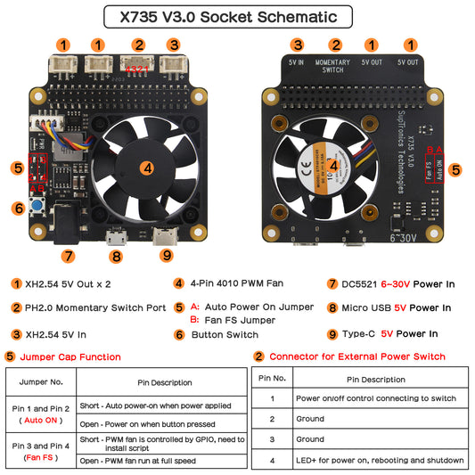 For Raspberry Pi 5/4B/3B+/3B, X735 V3.0 DC 6V-30V Safe Shutdown Power Management & PWM Cooling Expansion Board