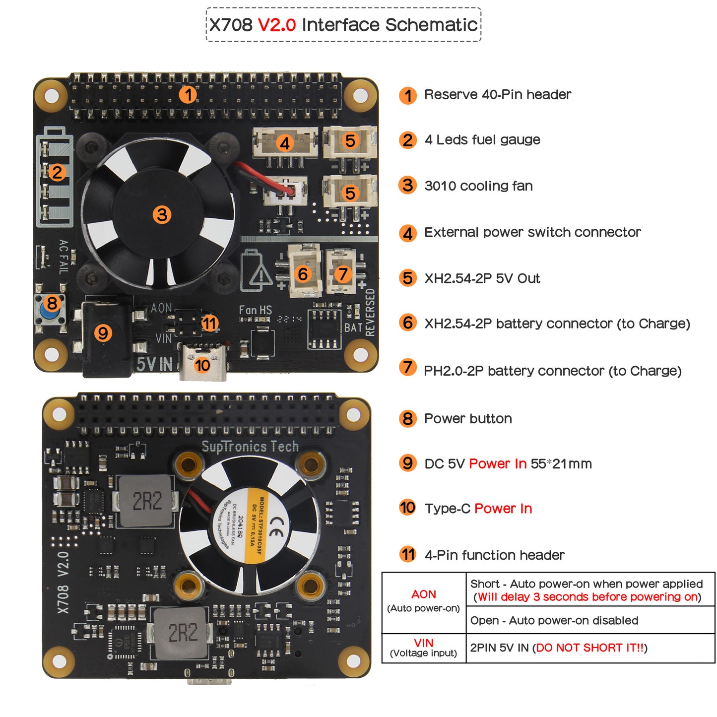 Raspberry Pi 4B/3B+/3B X708 V2.0 UPS HAT & Power Management Board with Cooling Fan