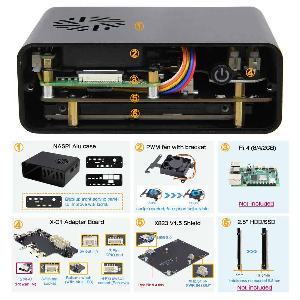 Geekworm NASPi V2.0 2.5" SATA HDD/SSD Kit with Auto Power On Function for Raspberry Pi 4 Model B