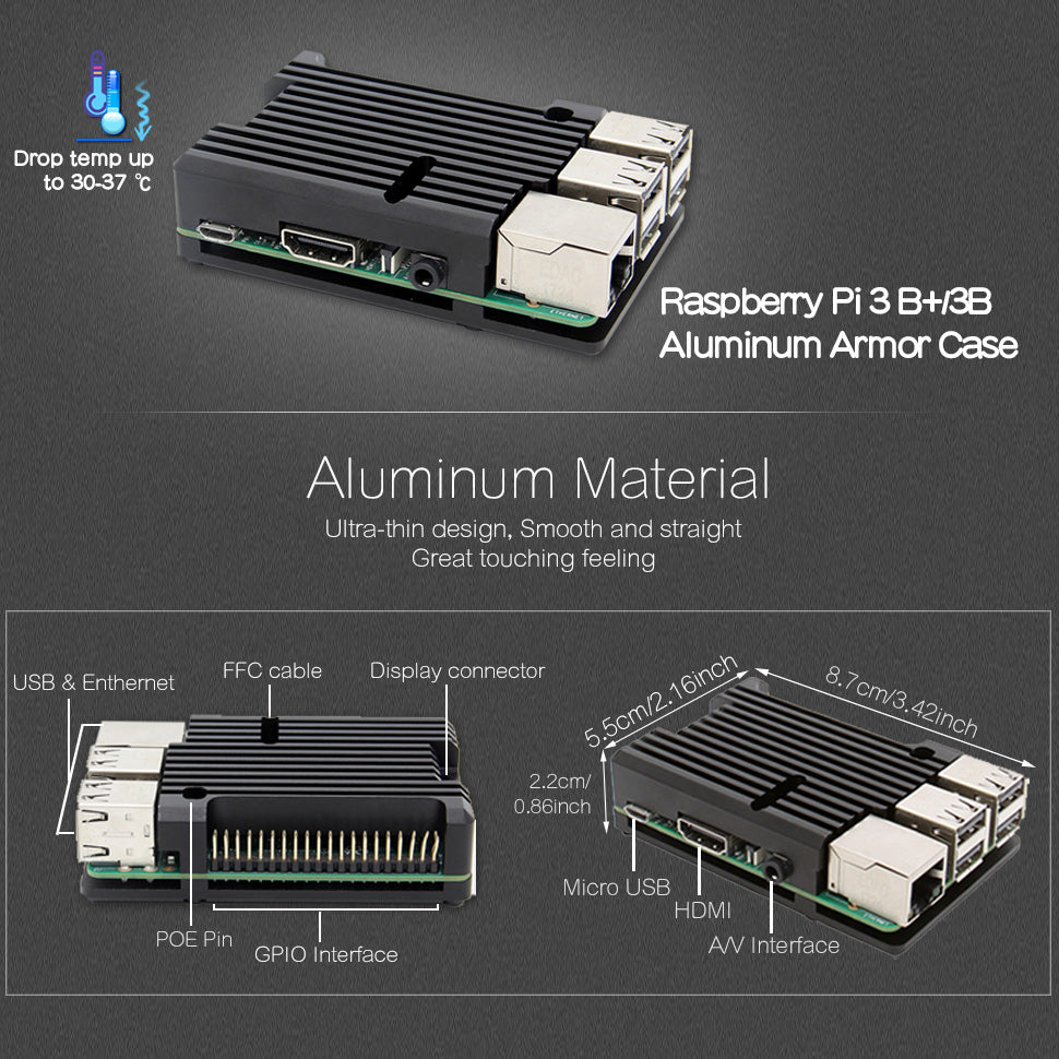 Raspberry Pi 3B+/3B Aluminium Alloy Armor Cooling Case(P122-B)