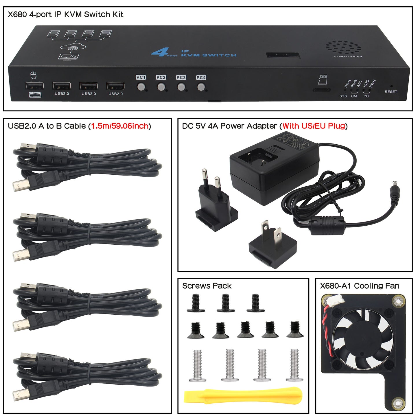 Geekworm X680 4-port IP KVM Switch for Raspberry Pi Compute Module 4(CM4)