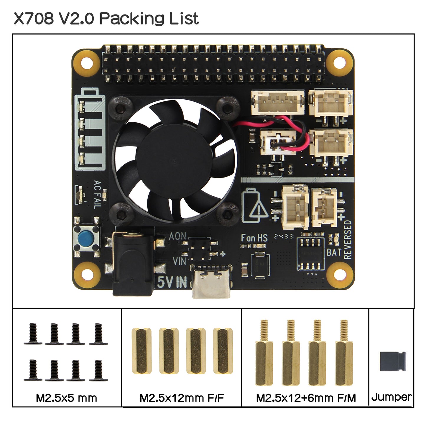 Raspberry Pi 4B/3B+/3B X708 V2.0 UPS HAT & Power Management Board with Cooling Fan