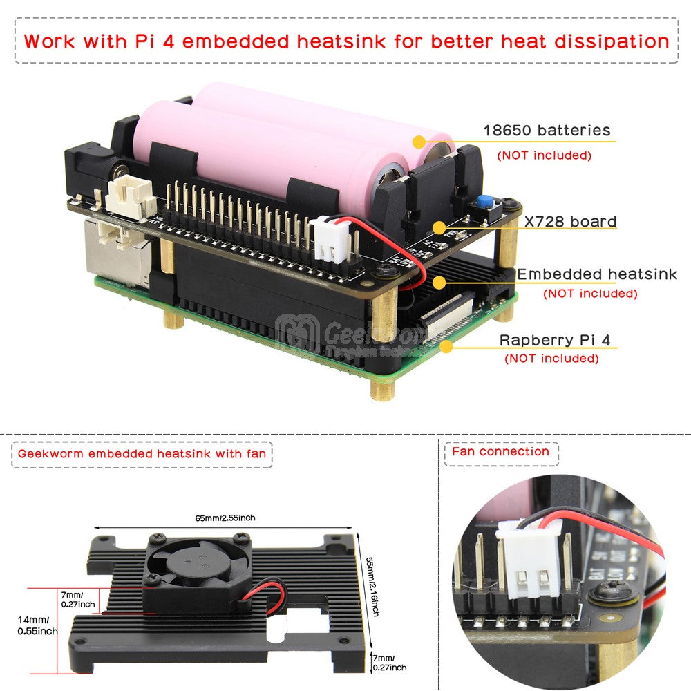 Geekworm Raspberry Pi X728 (Max 5.1V 6A) 18650 UPS & Power Management Board with Auto On & Safe Shutdown Function
