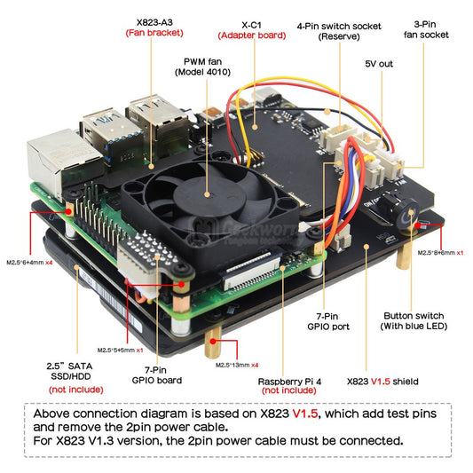 Geekworm NASPi V2.0 2.5" SATA HDD/SSD Kit with Auto Power On Function for Raspberry Pi 4 Model B