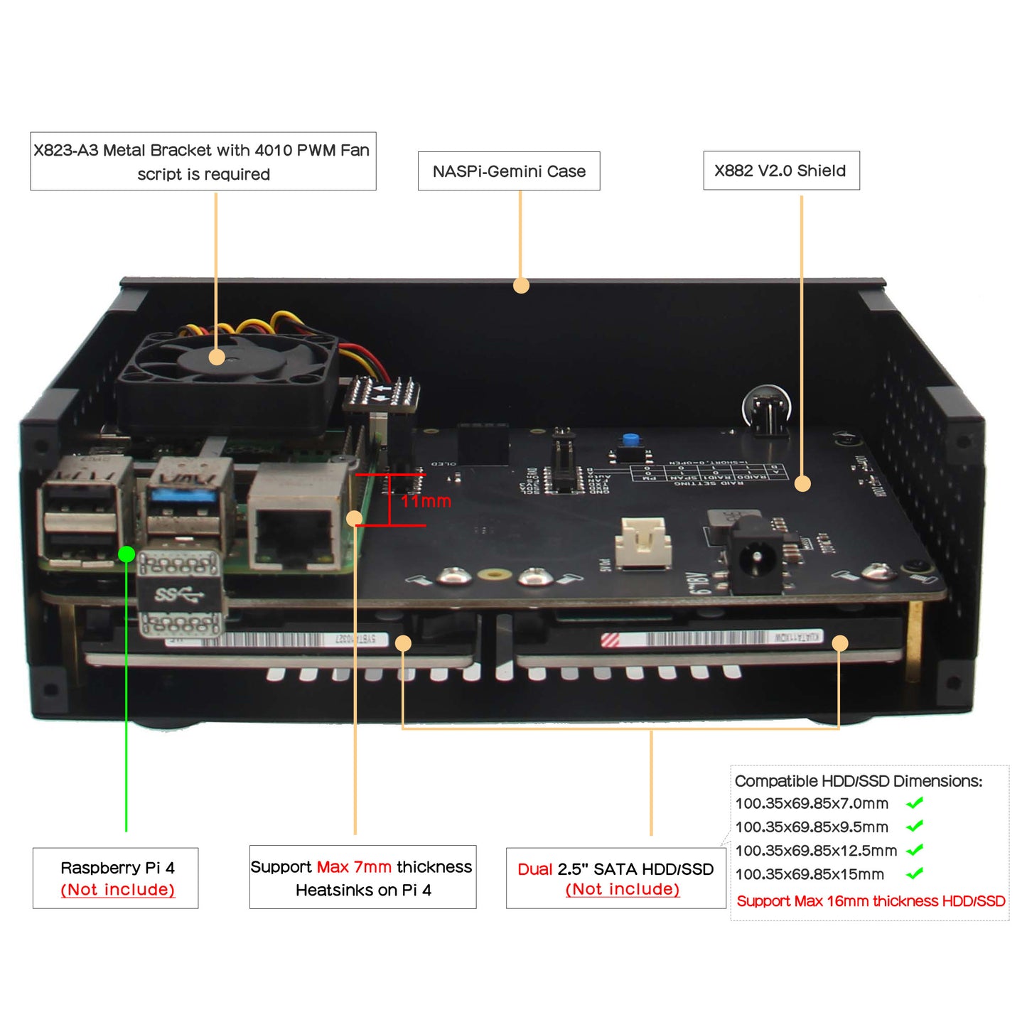 Geekworm NASPi Gemini 2.5 Dual 2.5'' SATA HDD NAS Storage Kit with DC 6-18V Wide Voltage Input|Safe Shutdown|Auto Power On|RAID for Raspberry Pi 4