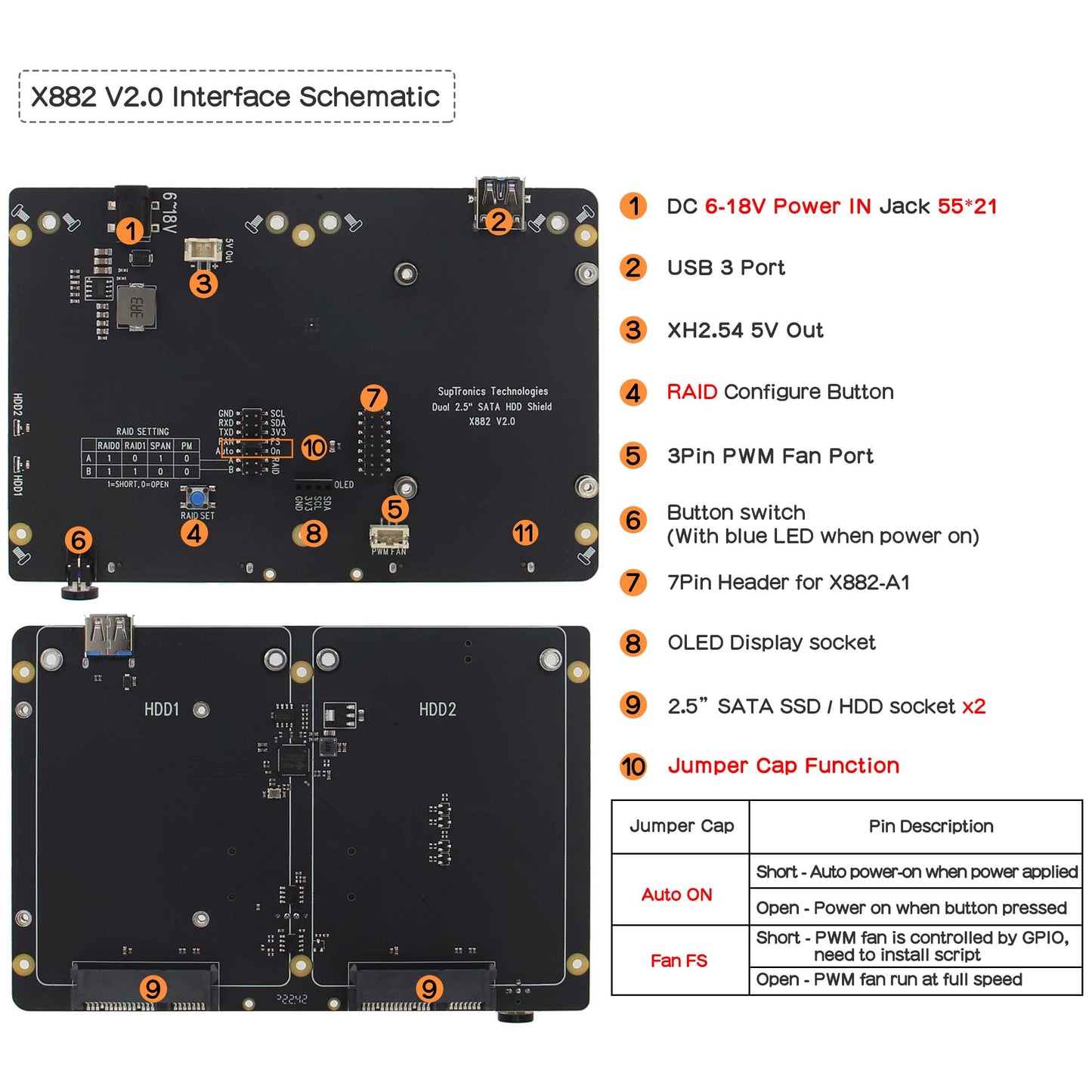Geekworm NASPi Gemini 2.5 Dual 2.5'' SATA HDD NAS Storage Kit with DC 6-18V Wide Voltage Input|Safe Shutdown|Auto Power On|RAID for Raspberry Pi 4
