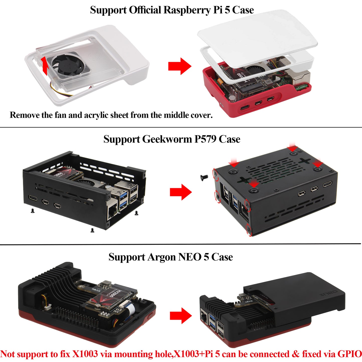 Geekworm X1003 PCIe to M.2 Key-M NVMe SSD PIP TOP for Raspberry Pi 5