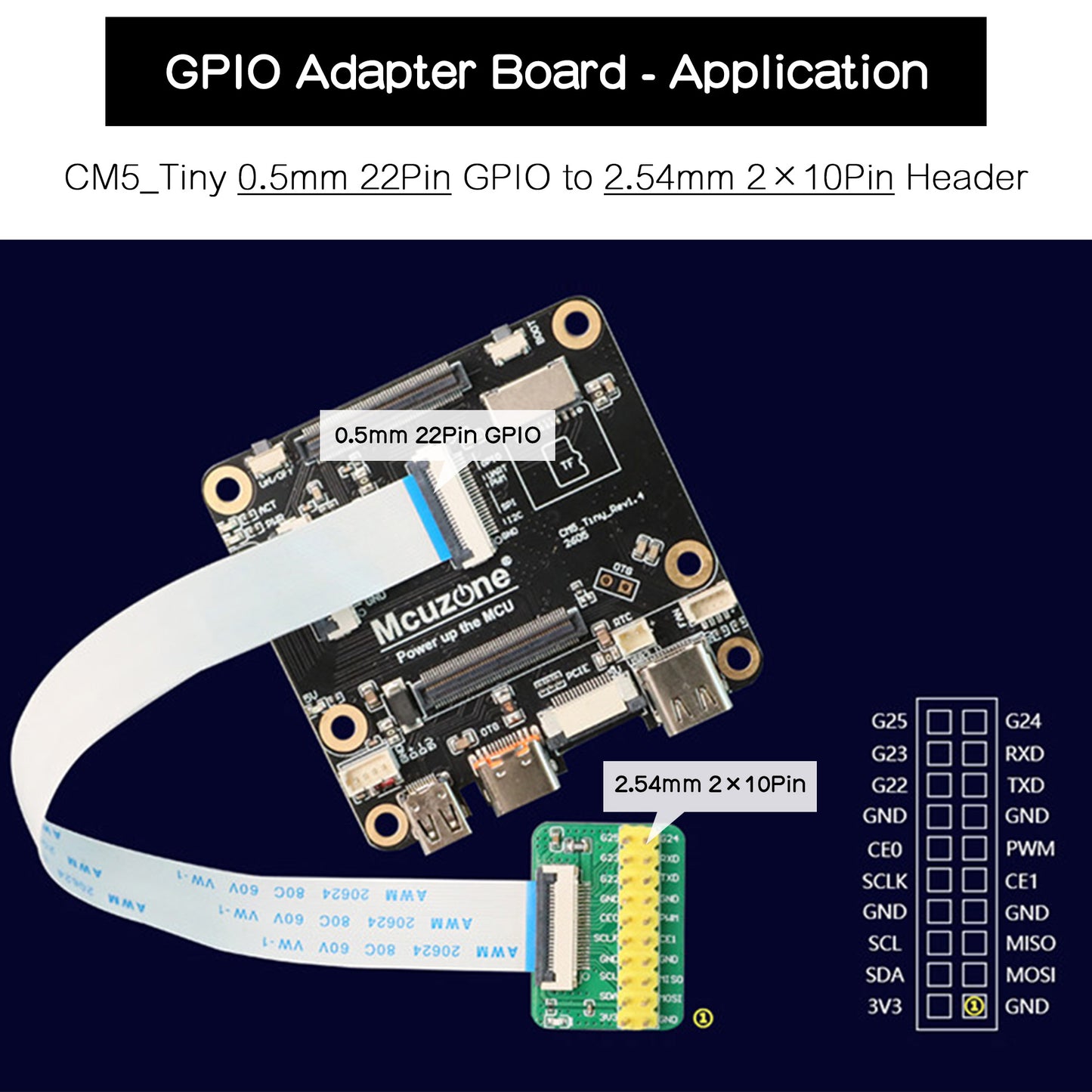 Raspberry Pi CM5 Tiny GPIO Adapter | 0.5mm 22-Pin FPC to 2.54mm 20-Pin