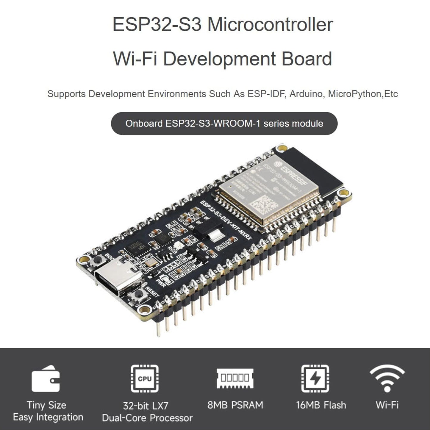 ESP32-S3-DEV-KIT-N16R8-M Wi-Fi & BLE Development Board | 240MHz Dual Core, 16MB Flash, 8MB PSRAM, Pre-soldered Headers, Type-C