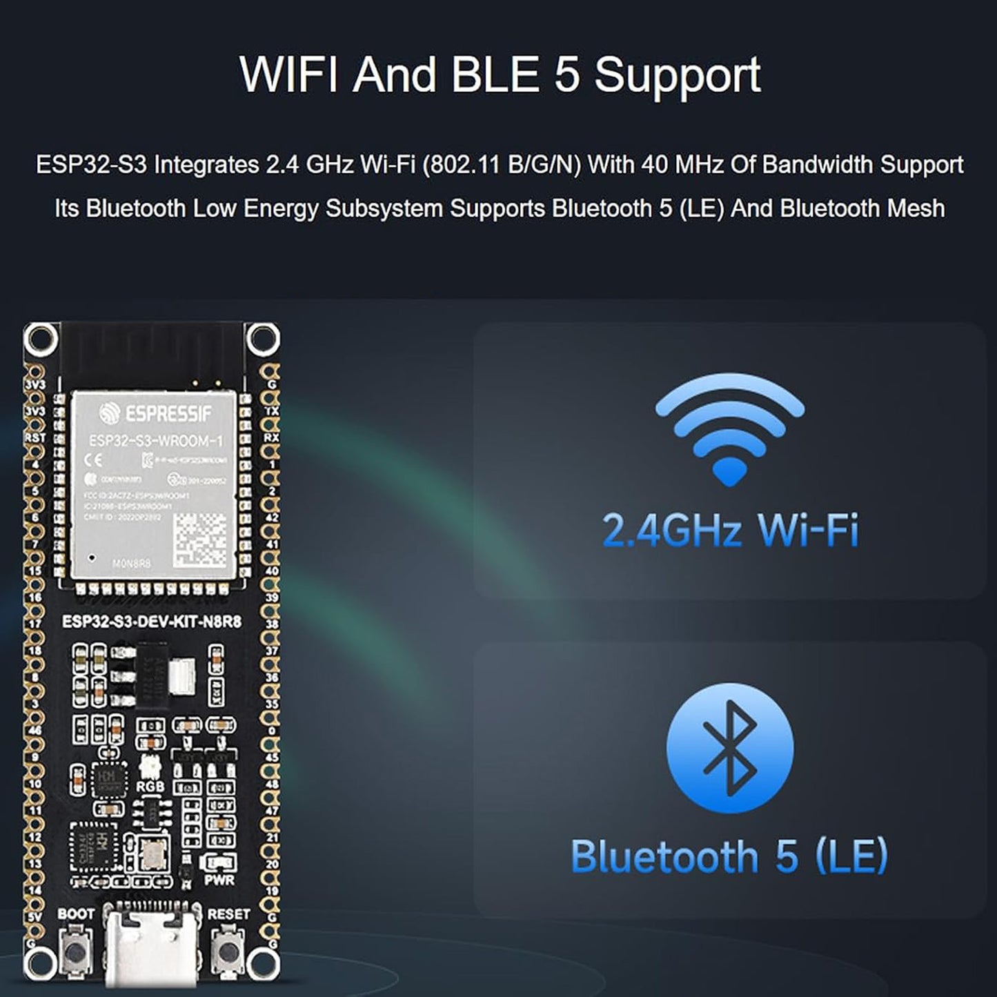 ESP32-S3-DEV-KIT-N16R8-M Wi-Fi & BLE Development Board | 240MHz Dual Core, 16MB Flash, 8MB PSRAM, Pre-soldered Headers, Type-C