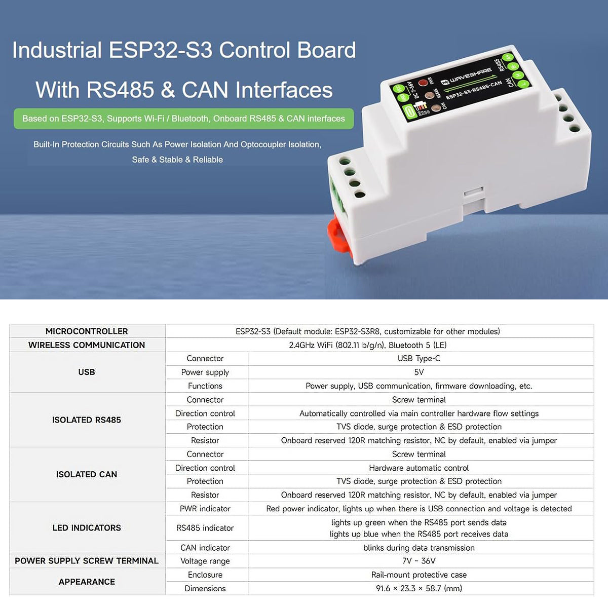 Industrial ESP32-S3 Board with RS485 & CAN Bus