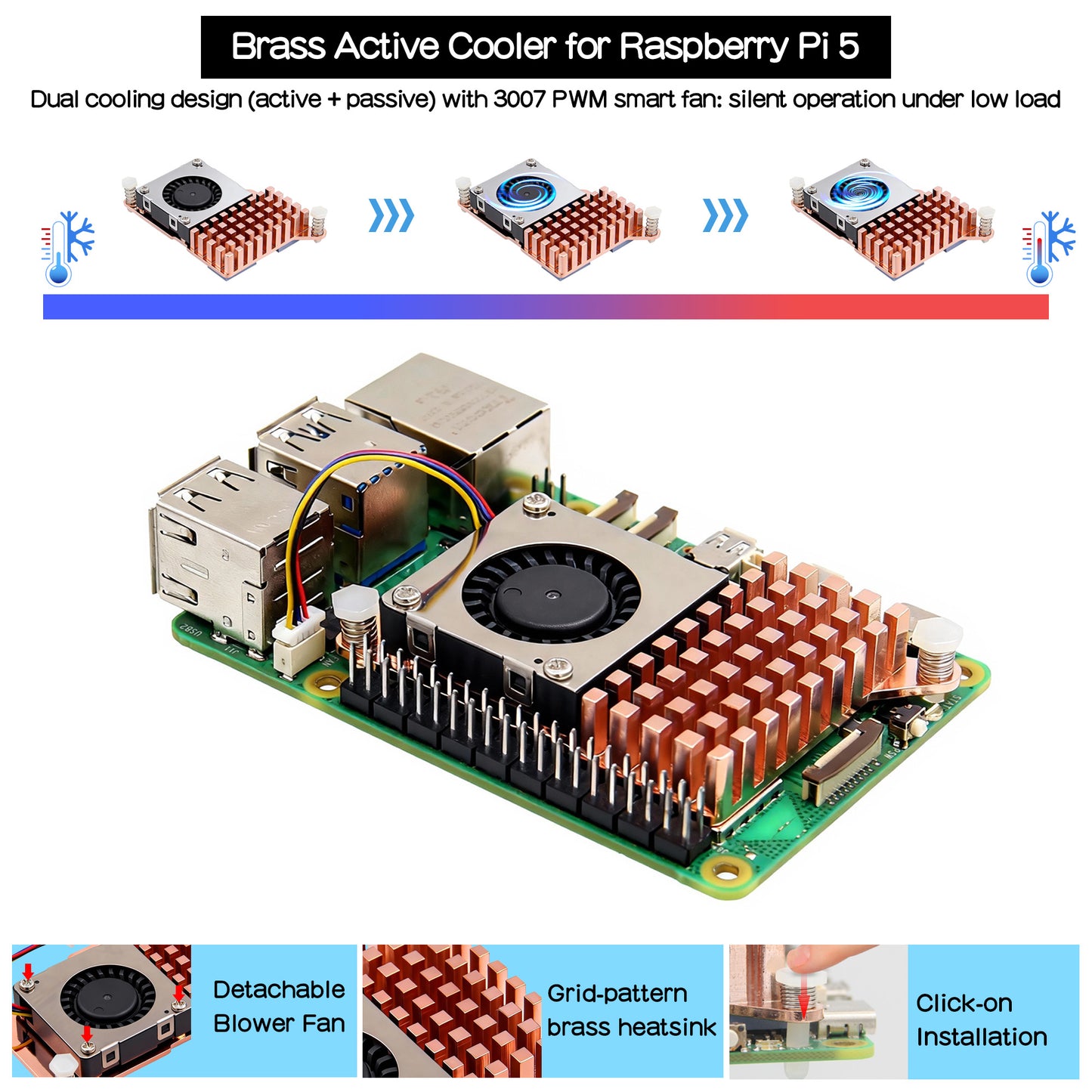Raspberry Pi 5 Active Cooler (H510), Heavy-Duty Brass Heatsink