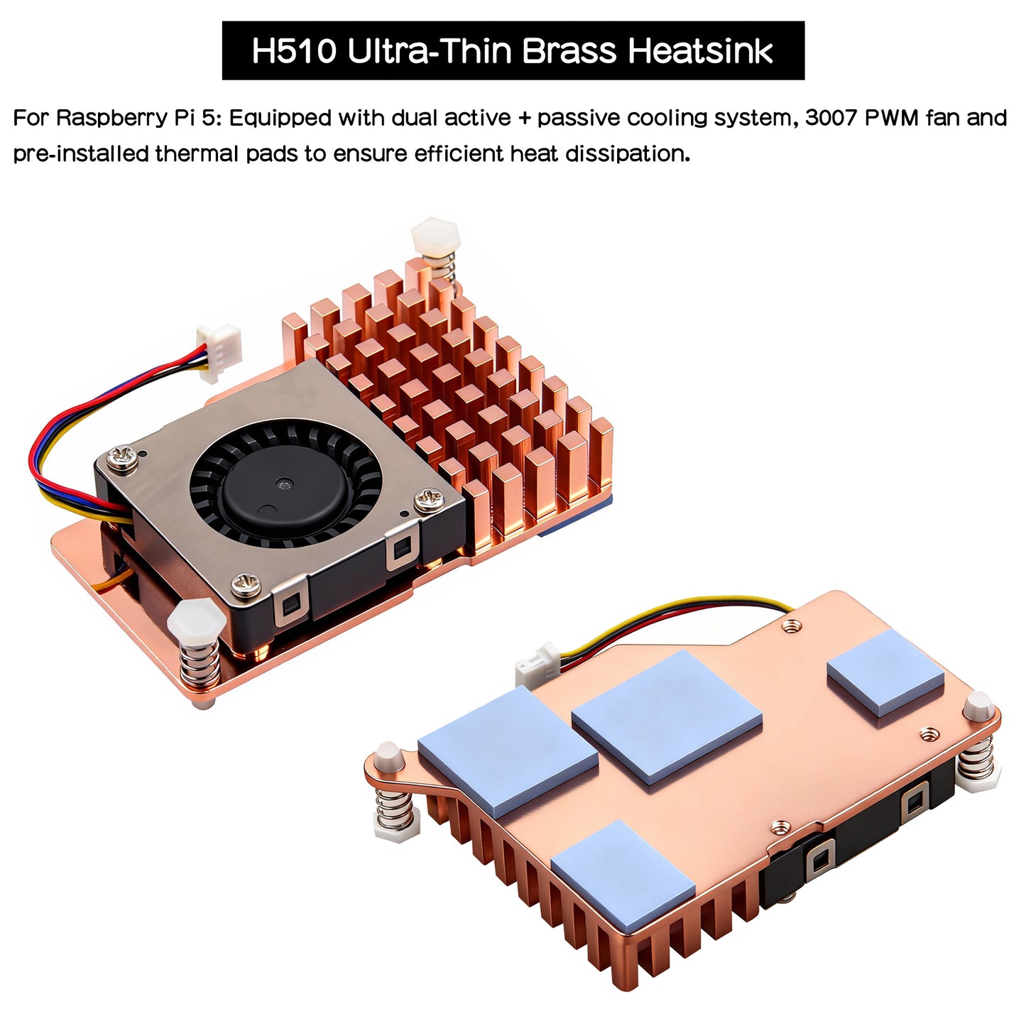 Raspberry Pi 5 Active Cooler (H510), Heavy-Duty Brass Heatsink
